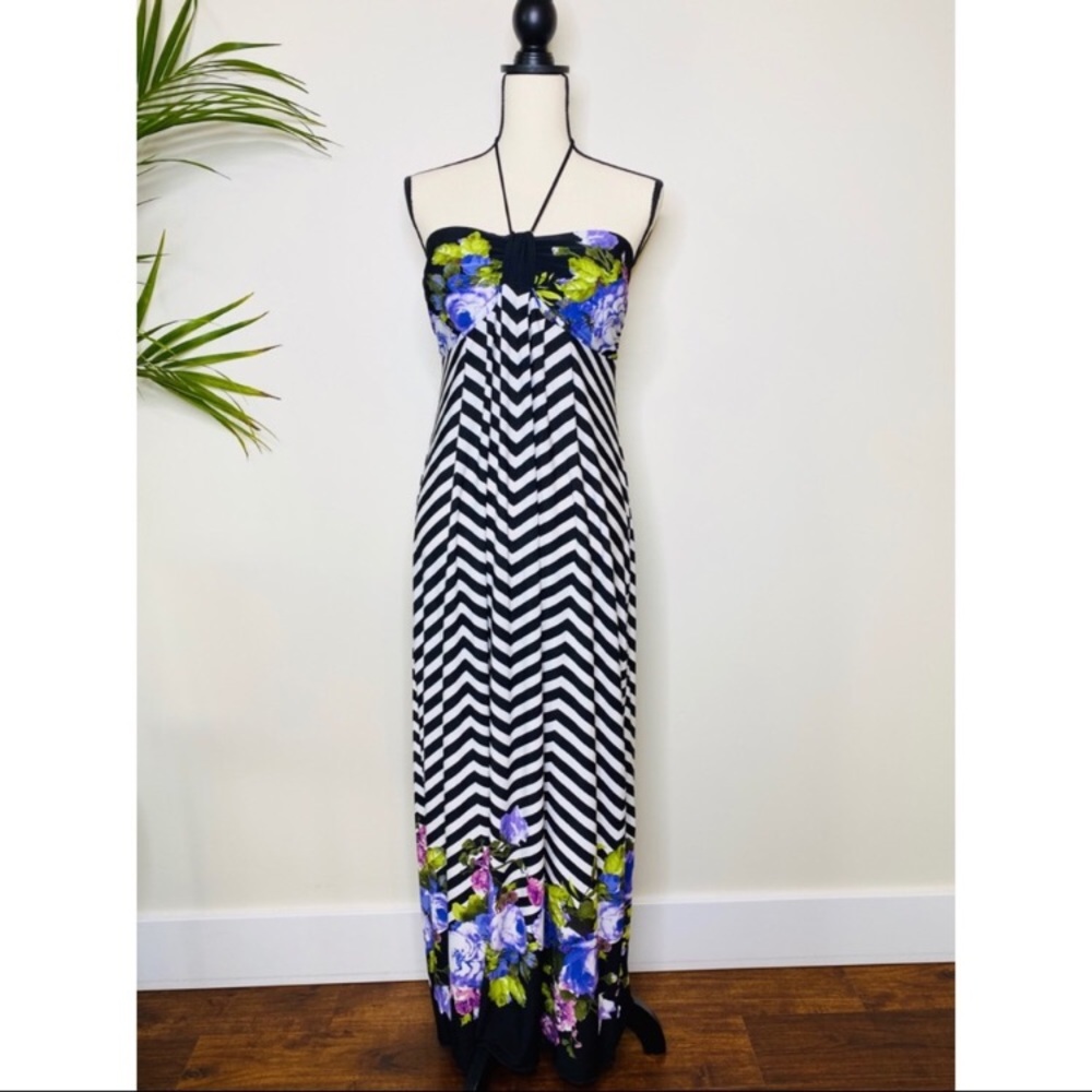 St. Tropez Striped Purple Flower Halter Maxi Dress